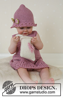 Little Miss Berry / DROPS Baby 14-4 - DROPS Alpaca lõngast heegeldatud beebi / laste  komplekt 1 kuusele kuni 4 aastasele: kleit ja müts  ning vanutatud kott lõngast Alaska 