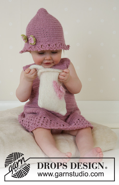 Little Miss Berry / DROPS Baby 14-4 - Hæklet kjole og sommerhat til baby og børn i DROPS Alpaca. Strikket og filtet taske i DROPS Alaska. Størrelse 1 måned til 4 år.