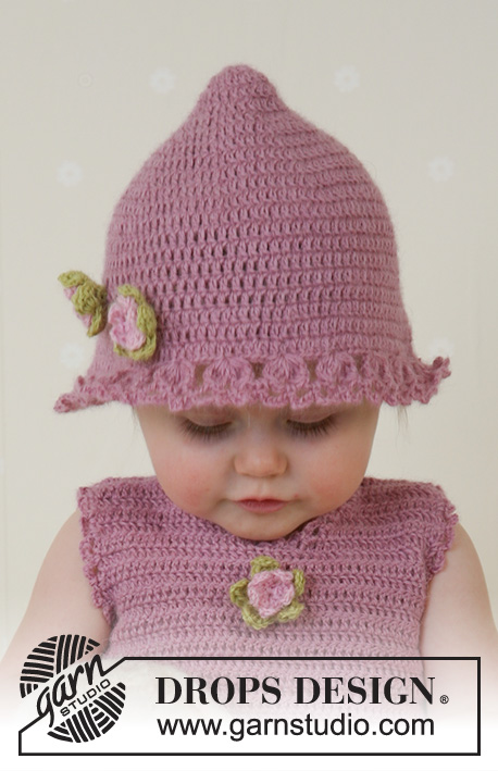 Little Miss Berry / DROPS Baby 14-4 - Vestido em croché e chapéu em DROPS Alpaca. Saco em tricô feltrado em DROPS Alaska para bebés e crianças. Tamanhos: 1 mês - 4 anos.