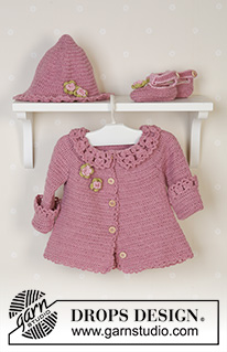 Little Miss Berry Cardigan / DROPS Baby 14-5 - Hæklet jakke med rund bærestykke og krave med blonde, sommerhat og sko til baby og børn i DROPS Alpaca. Størrelse 1 måned til 4 år