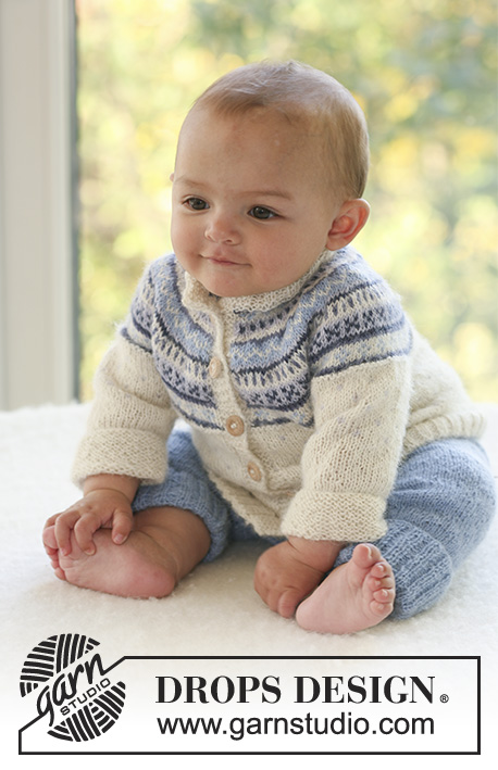 Himmelblå / DROPS Baby 16-10 - Komplet dziecięcy na drutach: rozpinany sweter z zaokrąglonym karczkiem i żakardem norweskim i spodnie, z włóczki DROPS Alpaca