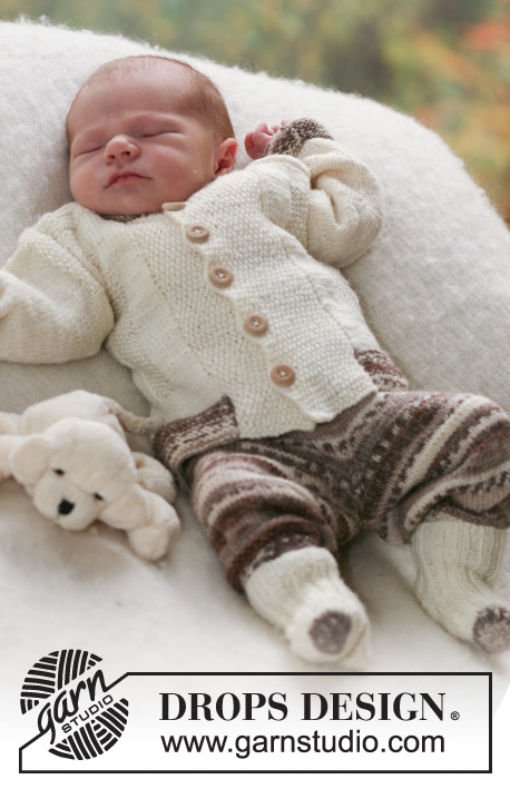 Little Nugget / DROPS Baby 17-16 - Conjunto de casaco, calças e botinhas em DROPS Fabel” ou DROPS Flora para bebés e crianças