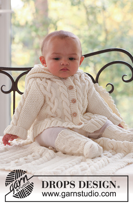 Matheo / DROPS Baby 17-2 - Set of knitted jacket with hood, socks and blanket with cables for baby and children in DROPS Merino Extra Fine. Theme: Baby blanket