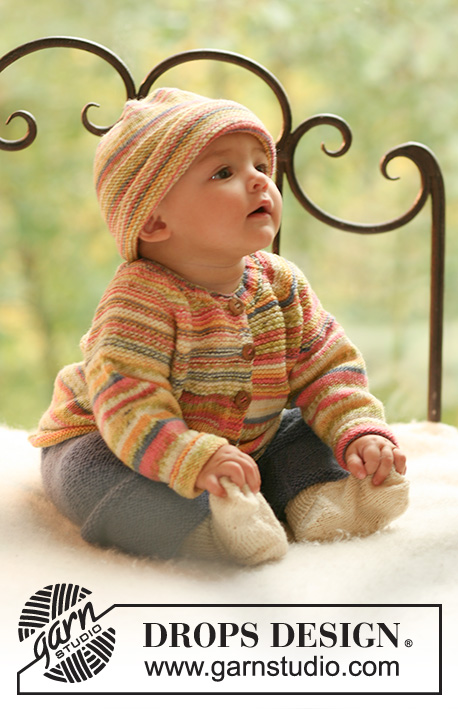 Summer Fruit / DROPS Baby 17-23 - Set of knitted jacket and hat in DROPS Fabel plus pants and socks in DROPS Alpaca for baby and children
