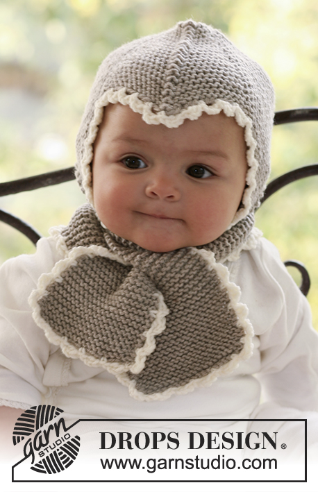 Little Acorn / DROPS Baby 18-1 - Rätstickad hjälmmössa och halsduk med virkade kanter till baby och barn i DROPS Merino Extra Fine 