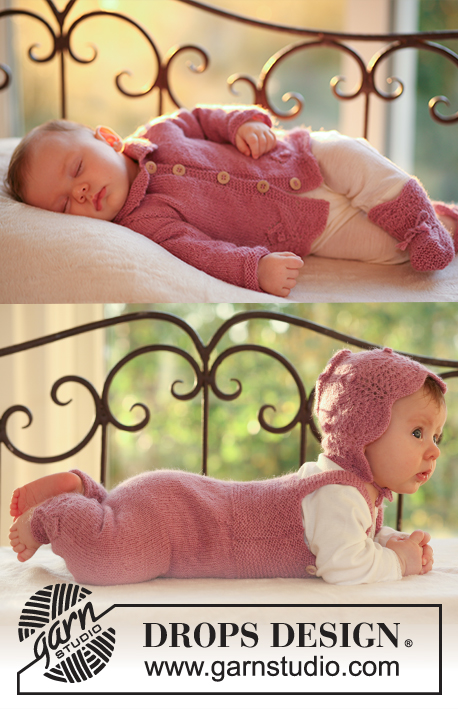 Roly Poly / DROPS Baby 18-14 - Hentesæt som består af: Strikket trøje, sparkedragt, kyse og sokker til baby i DROPS Alpaca.