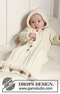 Snuggly Bunny / DROPS Baby 19-10 - Knitted bunting bag in moss st with textured pattern and cables in DROPS Merino Extra Fine
