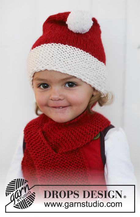 Little Miss Claus / DROPS Baby 19-12 - Bonnet de Noël au tricot et Écharpe assortie pour bébé et enfant, tricotés avec 2 fils DROPS Alpaca.