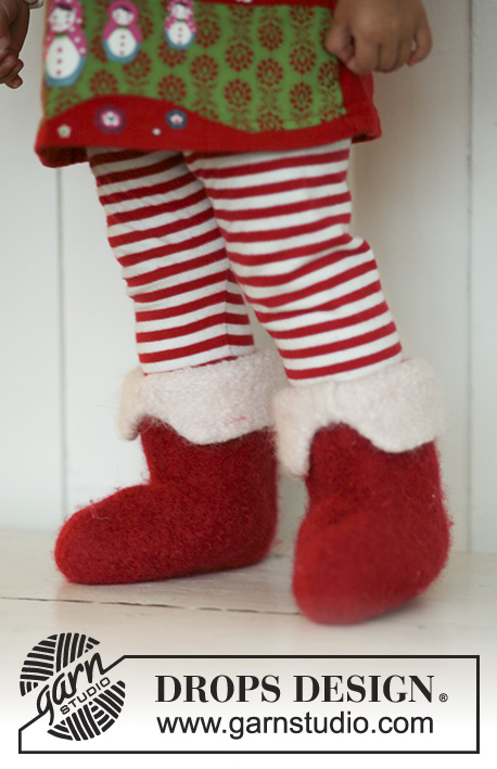 Little Miss Claus Booties / DROPS Baby 19-15 - Strikkede og tovede DROPS tøfler til jul i Snow. Størrelse 21 til 48.