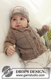 Little Chestnut / DROPS Baby 19-17 - Set of knitted jacket with raglan sleeves, hat and booties with cables, for baby and children in DROPS Alpaca