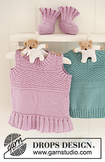 Sweet Sorbet / DROPS Baby 19-19 - Ensemble au tricot pour bébé et enfant: Robe sans manches au tricot, avec  point texturé,  volants et chaussons assortis, en DROPS BabyMerino.