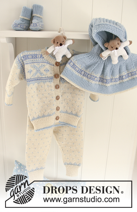 Sweet Cheeks / DROPS Baby 19-21 - Sæt med: Strikket trøje, bukser, elefanthue og sokker med nordisk mønster til baby og børn i DROPS BabyMerino.