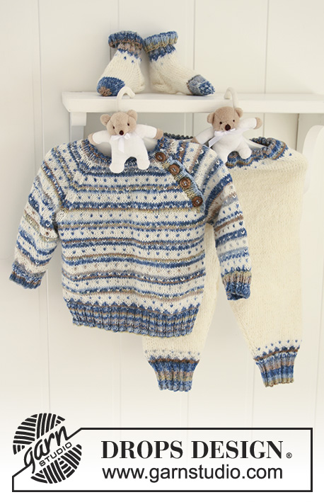Hello Stripes / DROPS Baby 19-3 - Set of knitted jumper with stripes, dots and raglan, pants and socks for baby and children in DROPS Fabel