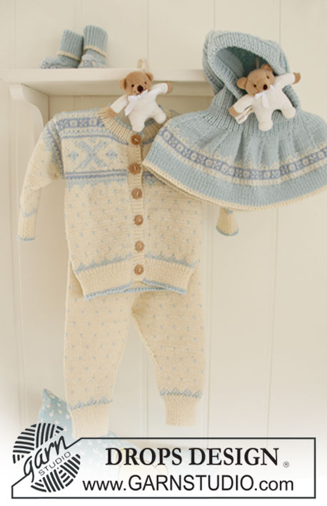 Jonas / DROPS Baby 19-32 - De set bevat: Gebreid vest, broek, muts en sokken met Scandinavisch patroon voor baby en kinderen in DROPS BabyMerino.
