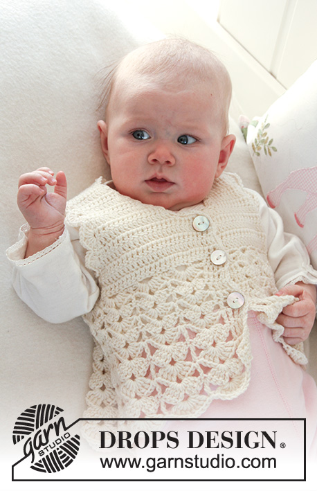 Sweet Buttercup Vest / DROPS Baby 19-7 - Gehaakt gilet met waaierpatroon voor baby en kinderen in DROPS BabyMerino.
Maat 