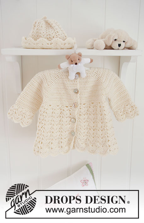 Sweet Buttercup / DROPS Baby 19-8 - Conjunto de chaqueta a ganchillo con raglán, y gorro con patrón de abanicos para bebé y niños en DROPS BabyMerino
