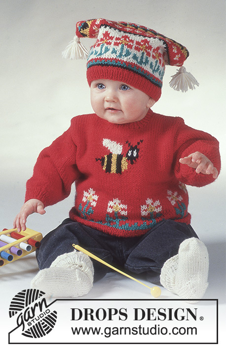 To Bee / DROPS Baby 2-1 - DROPS jumper with bee pattern, hat and socks in “Karisma”
