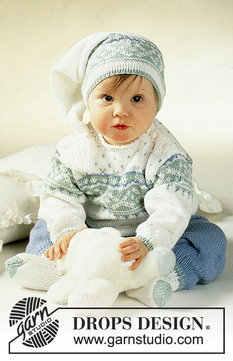 Nighty Night / DROPS Baby 2-13 - DROPS trui met sterpatroon, broek, muts, sokken en wanten van “Camelia”.