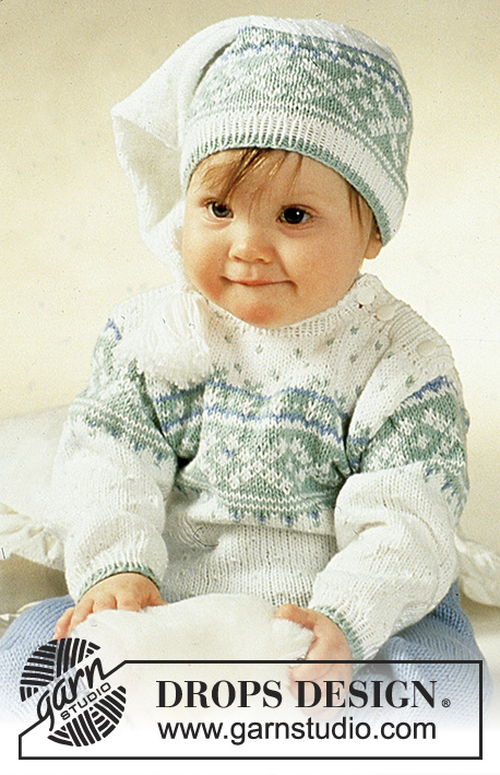 Nighty Night / DROPS Baby 2-13 - Strikket sett med genser, bukse, lue og sokker til baby i DROPS Camelia eller DROPS Baby Merino. Arbeidet strikkes med nordisk mønster. Størrelse 3 mnd - 2 år.