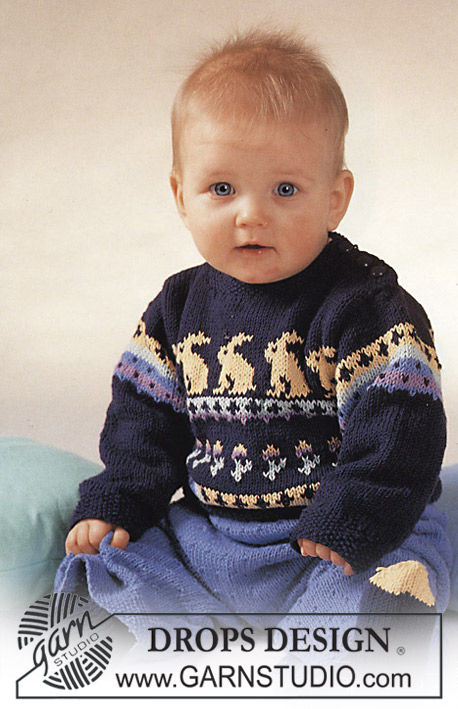 DROPS Baby 2-15 - DROPS trui met konijnenmotief, broek en sokken van “Safran”.
