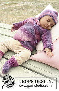 Sweet Evelina / DROPS Baby 20-1 - Souprava: dětský zavinovací svetr - kabátek, čepice a ponožky pletené vroubkovým vzorem z příze DROPS Delight