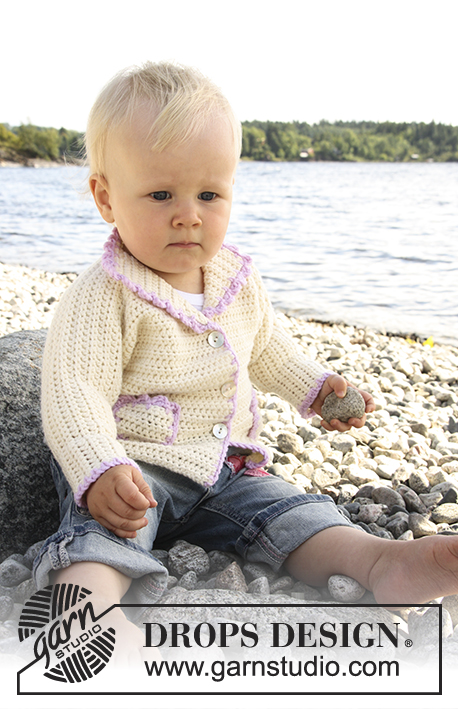 Sophie by the Sea / DROPS Baby 20-17 - Sett med heklet jakke med lommer til baby og barn i DROPS Merino Extra Fine