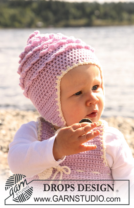 Sweet Little Cupcake Hat / DROPS Baby 20-19 - Hæklet hue med flæser og blonder til baby og børn i DROPS Merino Extra Fine.