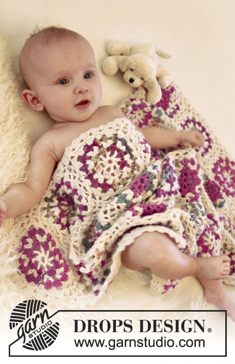 Circles of love / DROPS Baby 21-19 - Manta em croché com quadrados granny para bebé em DROPS Fabel 