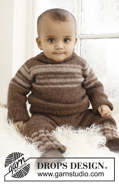 Little William / DROPS Baby 21-30 - Set van grebreide broek en trui met raglan en strepen voor baby en kinderen in DROPS Lima