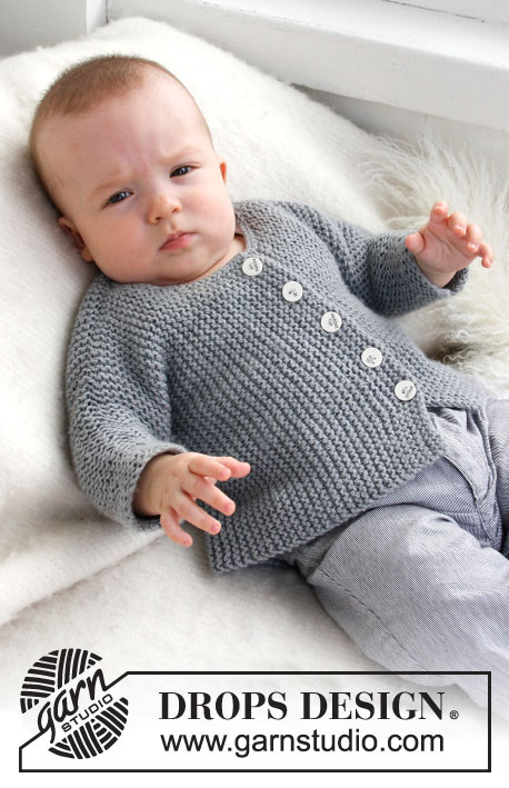 Grey Gosling / DROPS Baby 21-39 - Dětský propínací svetr - kabátek pletený kolmo z dvojité příze DROPS Alpaca