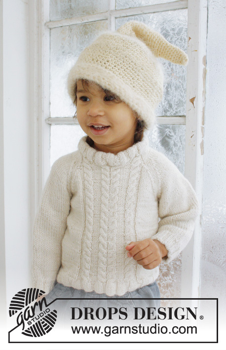 Micah / DROPS Baby 21-40 - Set of knitted jumper with cables and raglan in 2 strands DROPS Alpaca.