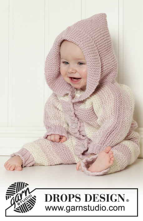 Playdate / DROPS Baby 25-17 - Knitted baby jumpsuit with hood in garter st worked in 2 strands DROPS Alpaca. Size 0 – 4 years.
