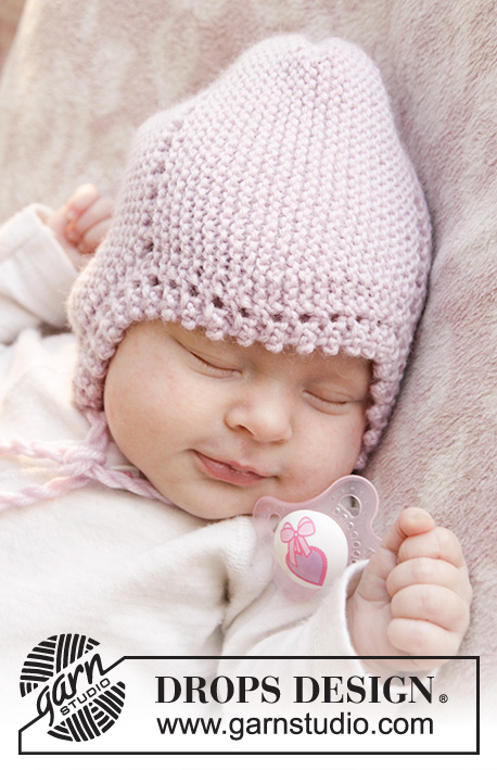 Lullaby / DROPS Baby 25-3 - Gebreide babymuts in ribbelsteek met picotrand in DROPS Karisma. Maat 0 - 4 jaar.
