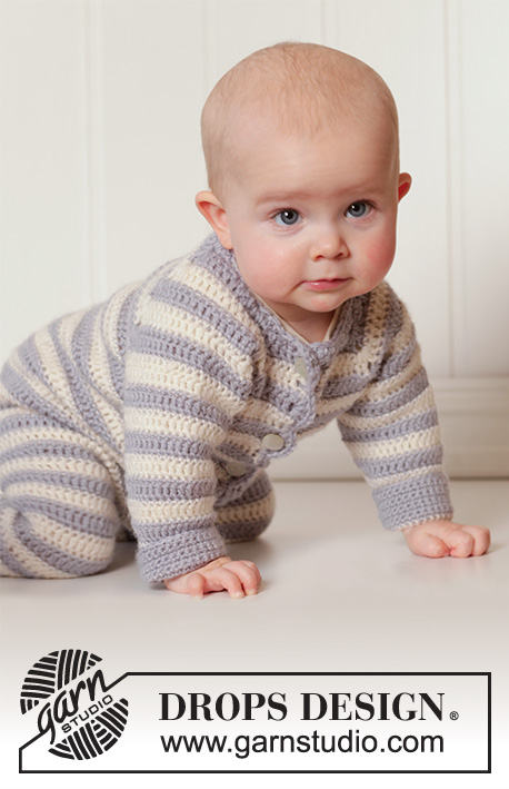 Baby Blues / DROPS Baby 25-34 - Heklet overall med raglan og striper til baby i DROPS Karisma. Str 0 - 4 år