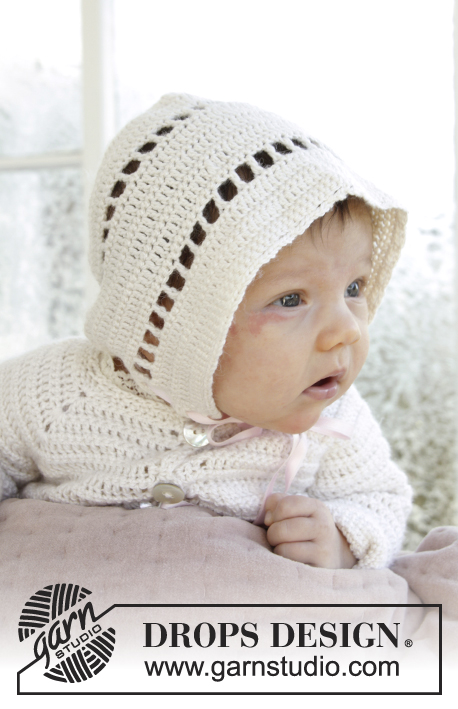 My Sweetie hat / DROPS Baby 29-6 - Hæklet baby hue med strukturrækker og hulborter til dåb eller navnefest i DROPS BabyAlpaca Silk. Størrelse 0 - 2 år