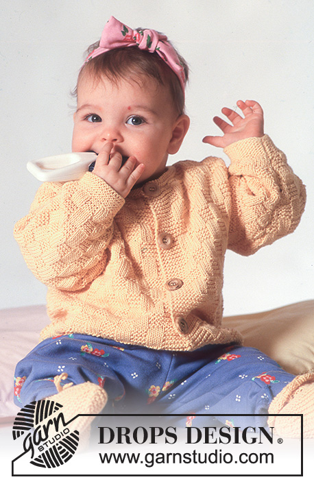 Miss Sunshine / DROPS Baby 3-1 - DROPS jacket with square pattern and socks in “Safran”.