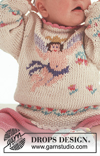 Little Angel / DROPS Baby 3-16 - Enkelikuvioinen DROPS pusero ”Paris”-langasta ja shortsit ”Safran”-langasta.
