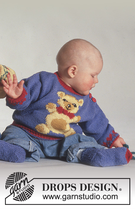 Bear Friends / DROPS Baby 3-4 - Pulôver bebé tricotado em DROPS BabyMerino e DROPS Alpaca com ursinho. Meias e gorro tricotados em BabyMerino e Alpaca. Dos 3 meses aos 3 anos.
