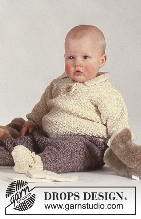 Lucas / DROPS Baby 3-5 - DROPS Baby 3-5
DROPS pulóver, nadrág, és kiscipő, rizsmintával, Karisma fonalból.