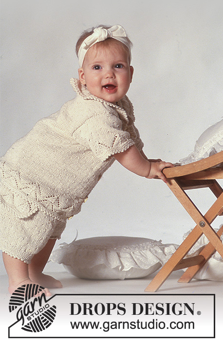 Harper's Lace / DROPS Baby 3-9 - Strikket sett med jakke og shorts til baby og barn i DROPS Safran. Arbeidet strikkes med hullmønster. Størrelse 3 mnd - 3 år.