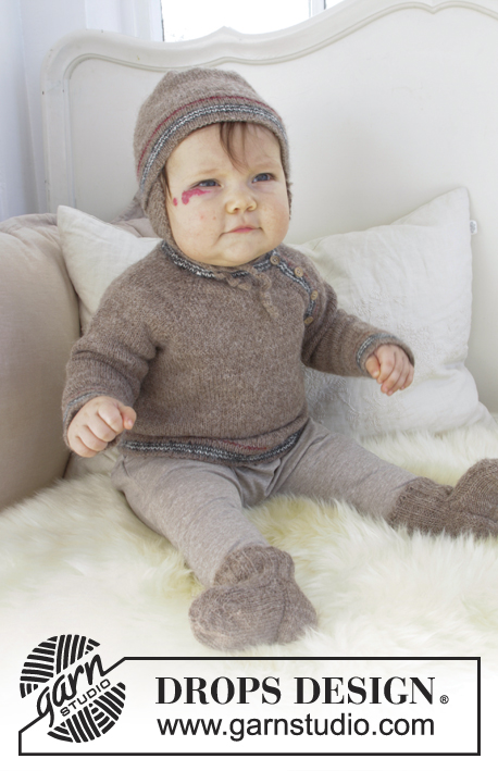 Ready, Set, Go / DROPS Baby 31-18 - Settiin kuuluu: Vauvan raidallinen raglanpusero, neulotaan ylhäältä alas. Vauvan raidallinen korvalappumyssy ja sukat. Koot keskonen - 4 vuotta. Setti neulotaan DROPS Alpaca-langasta.