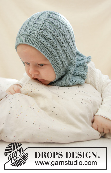 Warm Smiles / DROPS Baby 33-10 - Strikket balaclava / hettelue med hullmønster til baby i DROPS Baby Merino. Størrelse prematur – 2 år