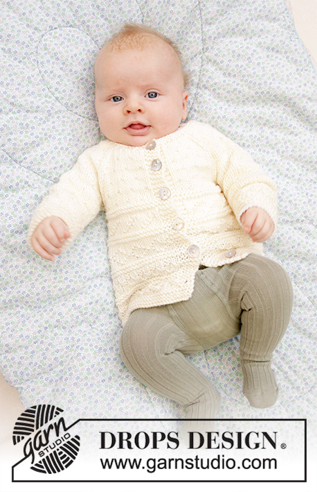 Precious Moments / DROPS Baby 33-11 - Casaco bébé tricotado de cima para baixo em ponto texturado, com cavas raglan, em DROPS Merino Extra Fine. Tamanhos : prematuro - 3/4 anos.