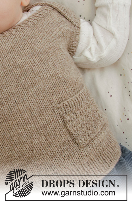 Baby Pockets / DROPS Baby 33-22 - Colete tricotado para bebé, em DROPS Flora. Tamanhos : 0 - 6 anos.