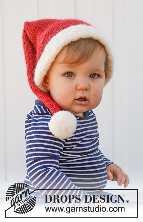 Sleepy Santa Hat / DROPS Baby 36-12 - Bonnet Père Noël tricoté pour bébé, en jersey et côtes, en DROPS Air. Du 0/1 mois au 2 ans. 
Thème: Noël.