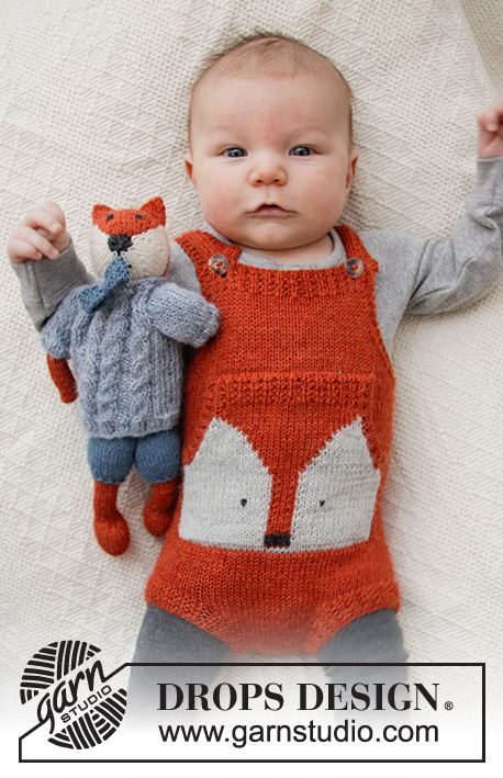 Baby Fox Onesie / DROPS Baby 36-2 - Body tricotado para bebé em DROPS Alpaca, com jacquard de raposa, alças e bolsos. 
Tamanhos : Prematuro - 4 anos.