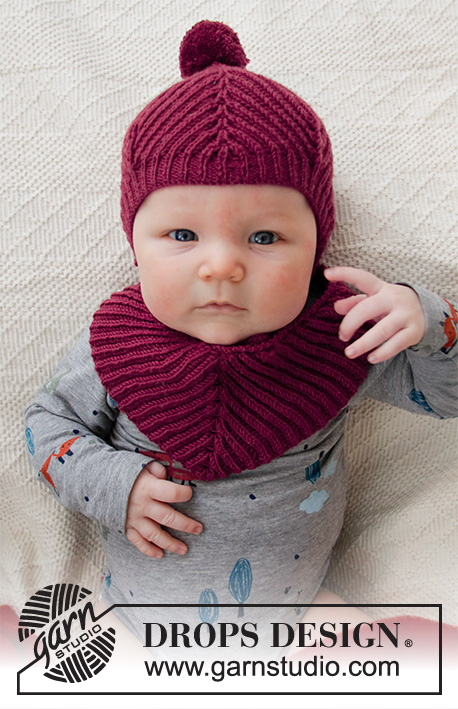 Baby Plum / DROPS Baby 36-7 - Gorro e babete tricotados para bebé, em canelado inglês, em DROPS BabyMerino. Tamanhos 1 mês – 4 anos.