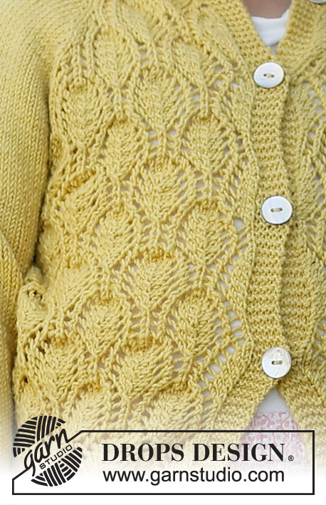 Sweet Marigold / DROPS Baby & Children 38-11 - Baby a dětský raglánový propínací svetr s ažurovým vzorem pletený shora dolů z příze DROPS BabyMerino. Velikost 6 měsíců - 8 let.