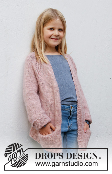 Feeling Whimsy / DROPS Baby & Children 38-19 - Knitted jacket for children in DROPS Sky and DROPS Kid-Silk. The piece is worked top down, with raglan and pockets. Sizes 3 to 14 years.