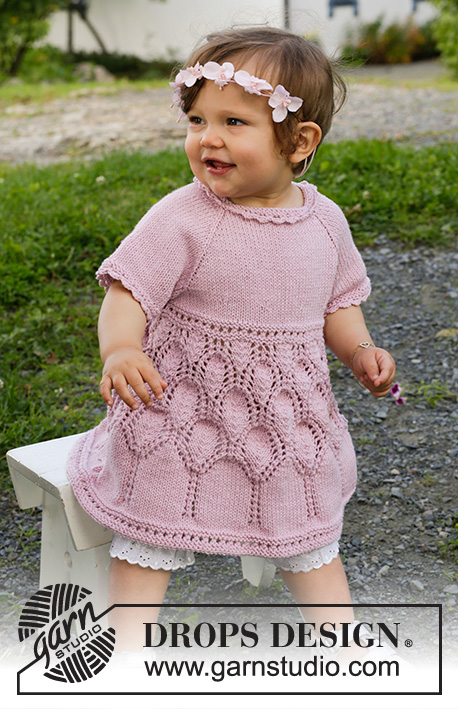 Little Miss Daisy / DROPS Baby & Children 38-2 - Vestido tricotado de cima para baixo para bebé e criança em DROPS Cotton Merino com cavas raglan e ponto rendado. Tamanhos : 0 – 4 anos.